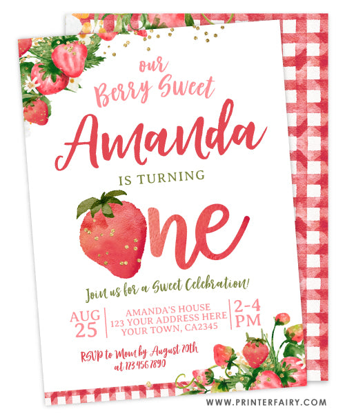 Strawberry First Birthday Invitation